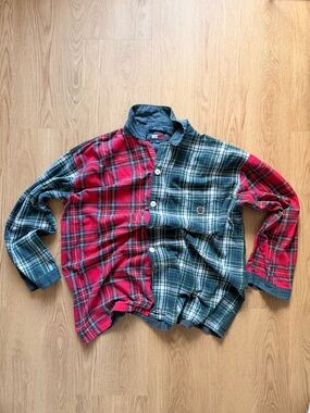 Tommy Hilfiger Red and Green Plaid Split-Panel Button-Down Shirt